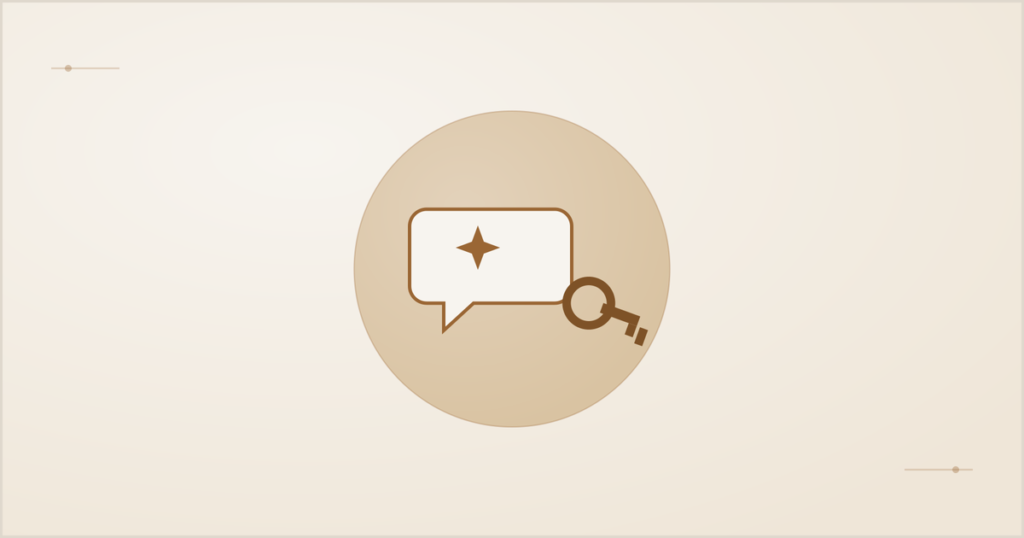 Chat bubble with a sparkle icon next to a key icon, representing AI search results for a locksmith business