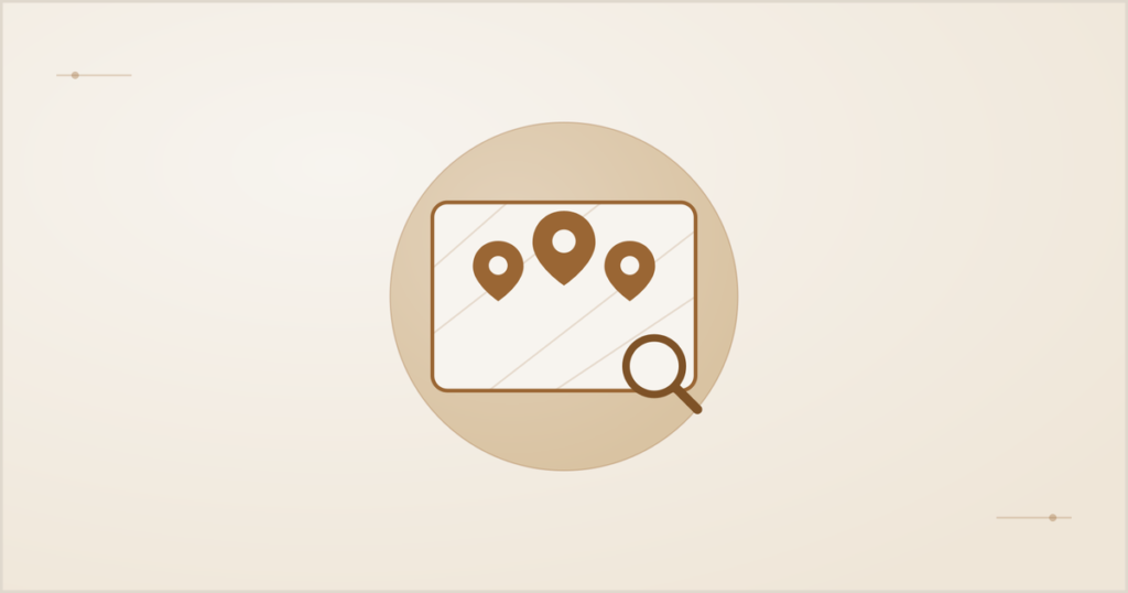 A map showing three highlighted location pins and a magnifying glass, representing the Google local 3-pack