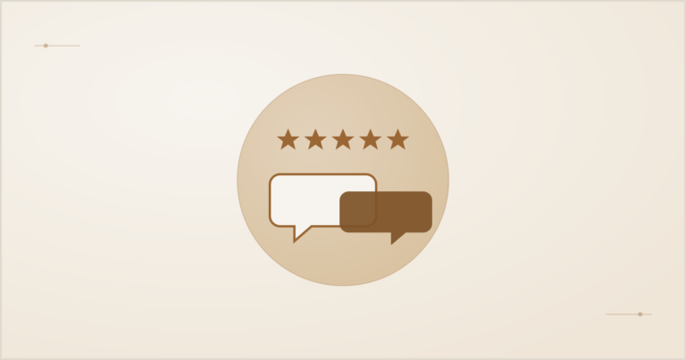 Five stars above two speech bubbles, representing a customer review and a business response
